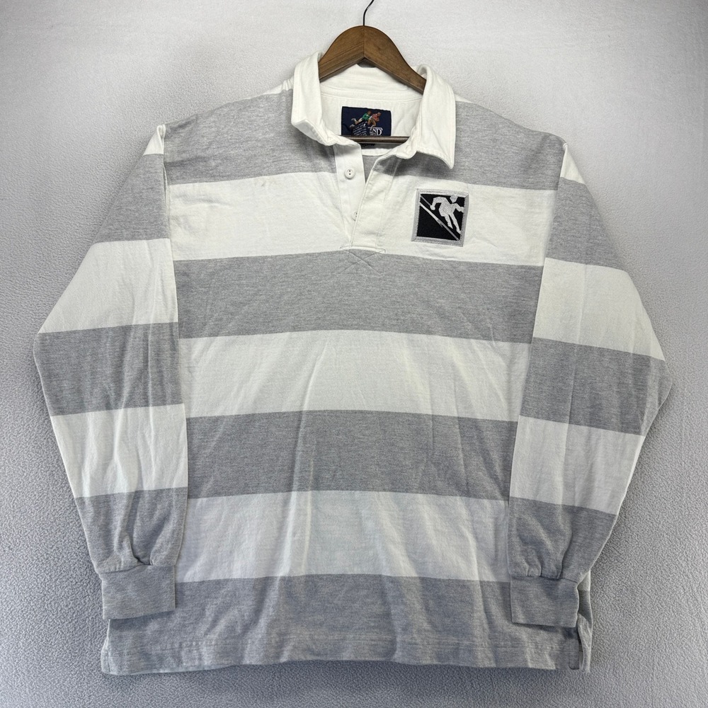 Vintage Lands End Rugby Shirt Mens XL Gray White Striped Long Sleeve Colorblock